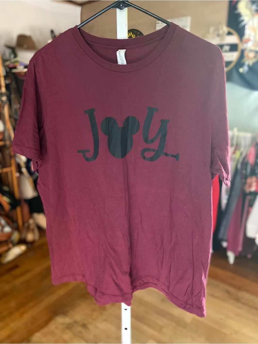 Bella Canvas Burgundy Mickey Mouse Short Sleeve Tee with Black JOY Graphic